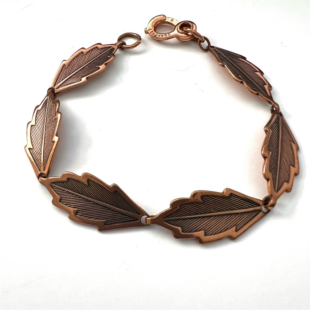 Vintage Copper Leaf Bracelet with Stamped Clasp
